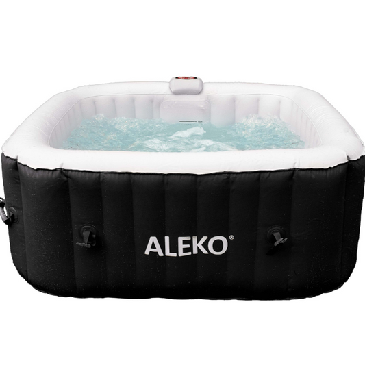 Aleko Square Inflatable Jetted Hot Tub with Cover 4 Person 160 Gallon Black and White HTISQ4BKWH-AP