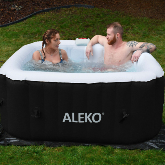Aleko Square Inflatable Jetted Hot Tub with Cover 4 Person 160 Gallon Black and White HTISQ4BKWH-AP