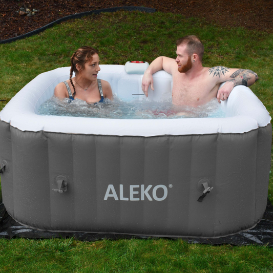 Aleko Square Inflatable Jetted Hot Tub with Cover 4 Person 160 Gallon Gray HTISQ4WHGY-AP