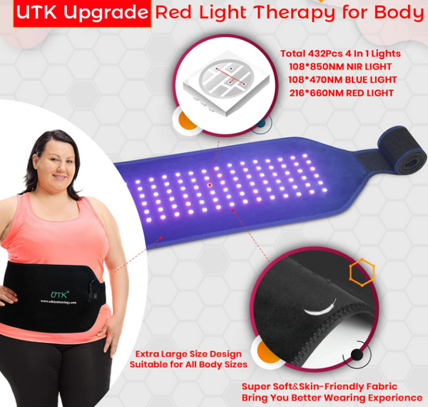 UTK Red Light Therapy Belt for Body Pain Relief, 4 in 1 Infrared Light Therapy Flexible Wearable Device with 470/660/850nm, Relieves Inflammation, Promotes Wound Healing, Skin Cell Repair