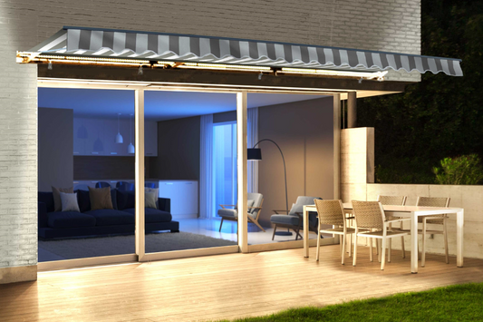Aleko | Half Cassette Motorized Retractable LED Luxury Patio Awning | 10 x 8 Feet | Gray and White Stripes | AWCL10X8GRYWHT-AP