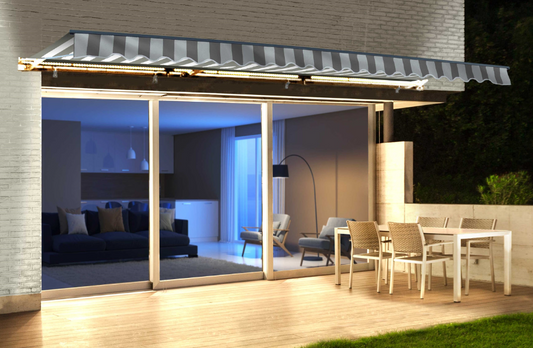 Aleko | Half Cassette Motorized Retractable LED Luxury Patio Awning | 12 x 10 Feet | Gray and White Stripes | AWCL12X10GRYWHT-AP