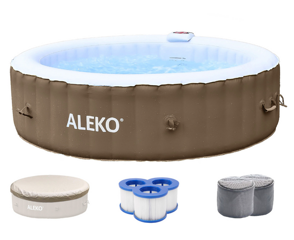 Aleko | Round Inflatable Jetted Hot Tub with Cover - 6 Person - 265 Gallon - Brown and White | HTIR6BRW-AP