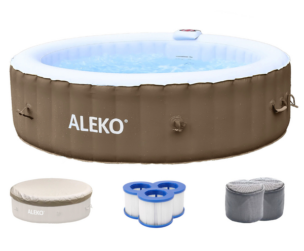 Aleko | Round Inflatable Jetted Hot Tub with Cover | 6 Person - 265 Gallon | Brown | HTIR6GYBR-AP