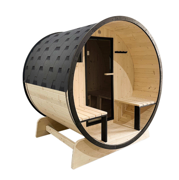 Aleko | Outdoor White Finland Pine Traditional Barrel Sauna with Black Accents & Front Porch Canopy | 3-5 Person Capacity | SB5PINECPBLK-AP